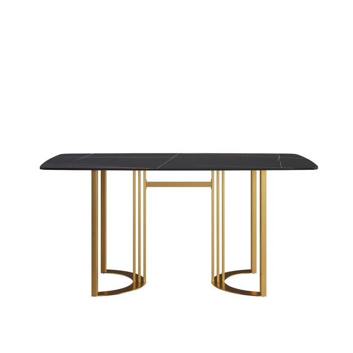 63" Modern Artificial Stone Curved Golden Metal Leg Dining Table, 6 People - Black / Gold