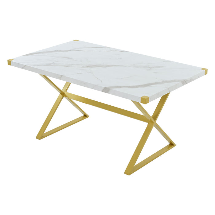 7 Piece Modern Dining Table Set, Rectangular Marble Texture Kitchen Table And 6 Chairs With X-Shaped Gold Steel Pipe Legs For Dining Room - White