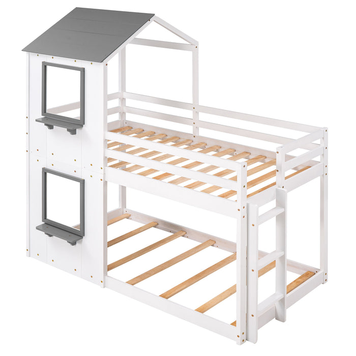 Twin Over Twin Bunk Bed Wood Bed & Roof, Window, Guardrail, Ladder