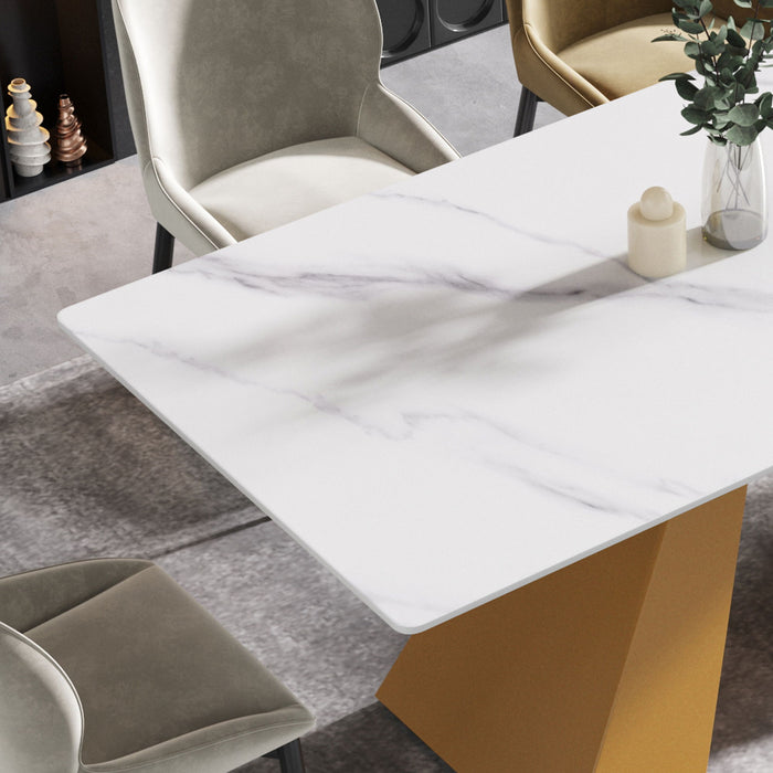 70.87" Modern Artificial Stone White Straight Edge Metal Leg Dining Table - White / Gold