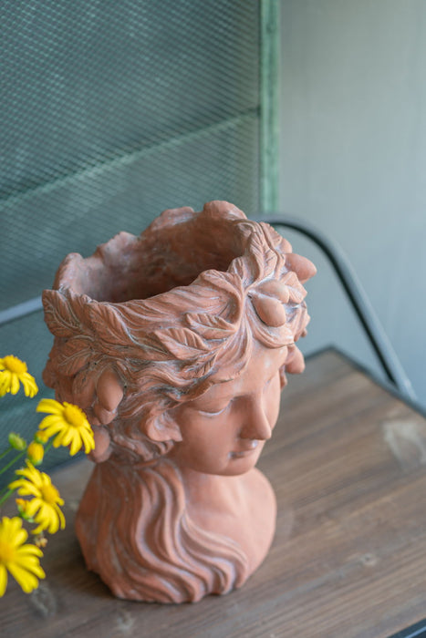 8X9X11.5" Head Bust Planter, Greek Style Cement Head Planter, Indoor Outdoor Home Garden Decor - Brown