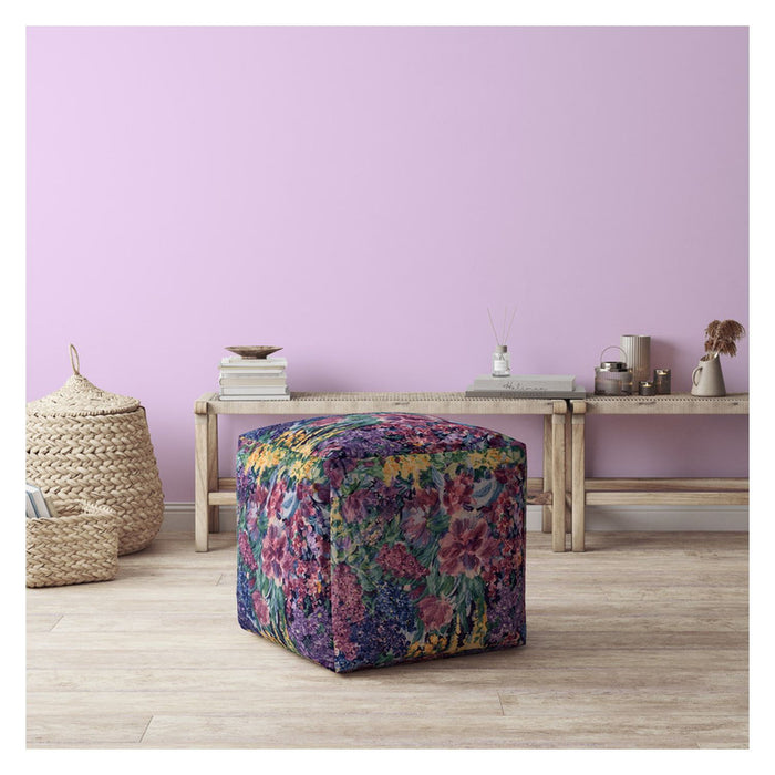 Cotton Floral Pouf Cover - Blue / Green