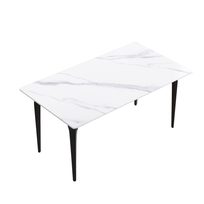 63" Modern Artificial Stone White Straight Edge Black Metal Leg Dining Table, 6 People - White / Black