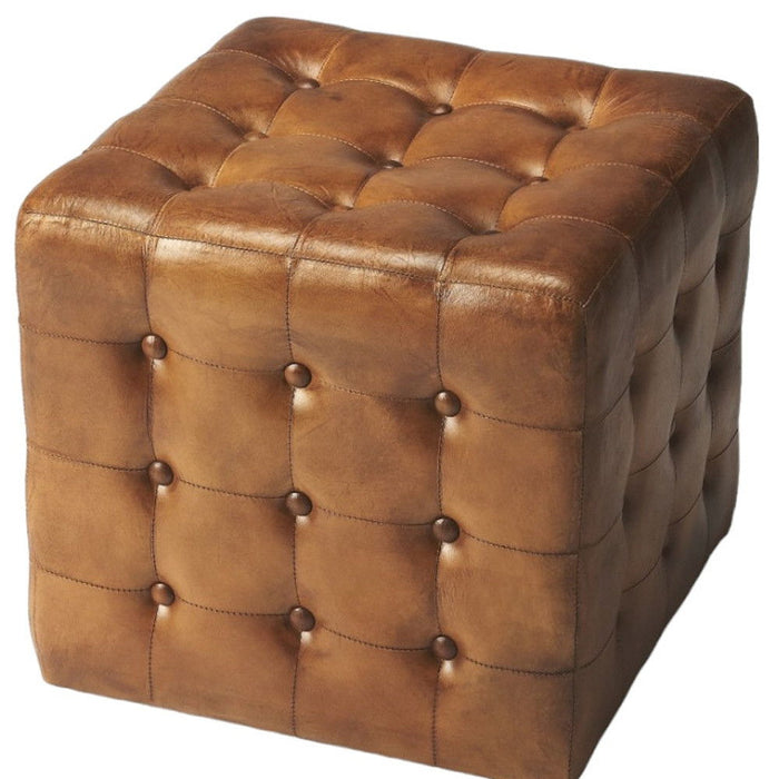 Tufted Leather Vintage Style Cube Ottoman - Brown