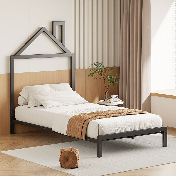 Twin Size Metal Platform Bed With House-Shaped Headboard Design