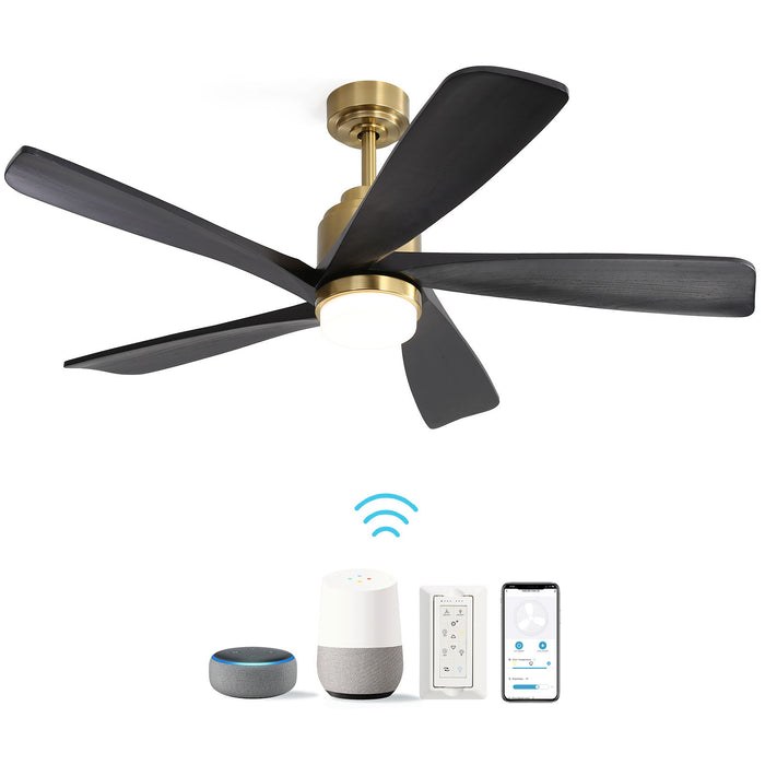 Modern Ceiling Fan With Dimmable Led Light 5 Solid Wood Blades Smart Remote Control Reversible Dc Motor Ceiling Fan - Gold