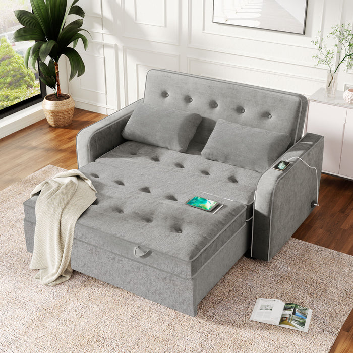 Upholstered Sleeper Bed, Pull Out Sofa Bed Couch Attached Two Throw Pillows, Dual USB Charging Port And Adjustable Backrest For Living Room Space