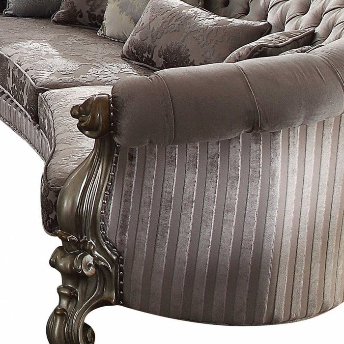 Velvet Curved Floral Sofa And Toss Pillows With Champagne Legs - Gray