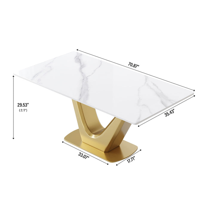 70.84" Modern Artificial Stone Panel V-Shaped Metal Legs, Can Accommodate 6-8 People - White / Gold