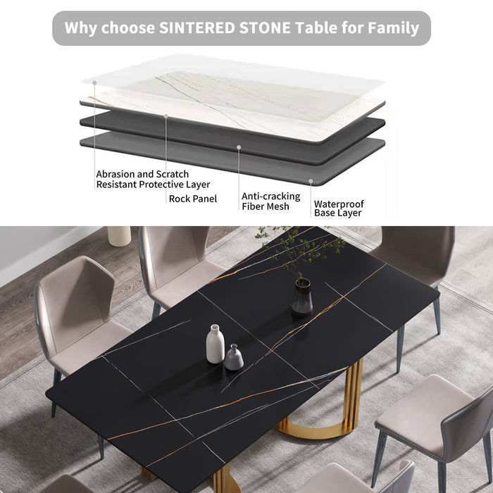 70.87" Modern Artificial Stone Straight Edge Metal Leg Dining Table, Can Accommodate 6-8 People - Black / Gold