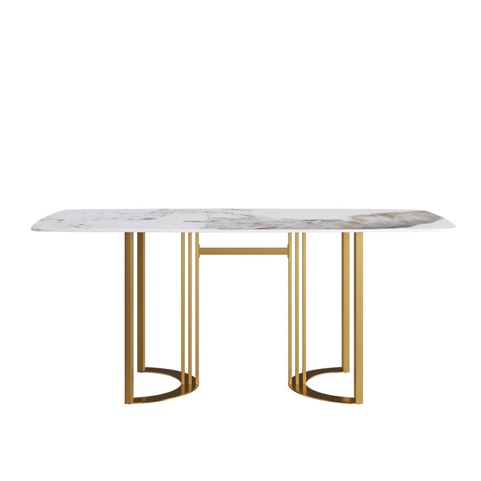 70.87" Modern Artificial Stone Pandora White Curved Golden Metal Leg Dining Table, Can Accommodate 6-8 People - Antique White / Gold