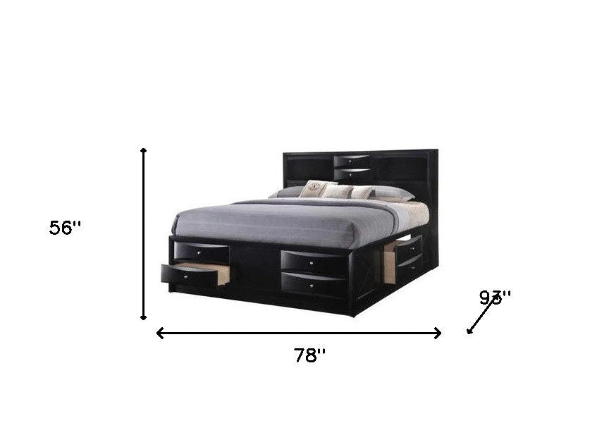 Solid Wood King Eight Drawers Bed - Black