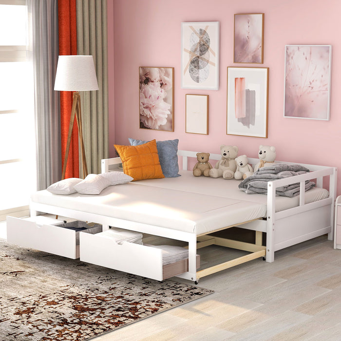 Wooden Daybed With Trundle Bed And Two Storage Drawers, Extendable Bed Daybed, Sofa Bed For Bedroom Living Room