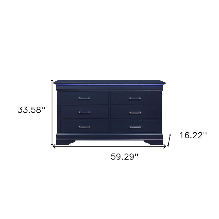 Solid Wood Six Drawer Double Dresser With Led - Blue