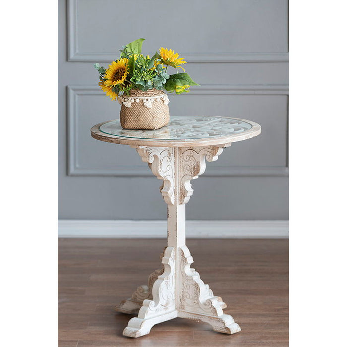 Round Wooden Carved Table, Distressed Finish Design - Antique White