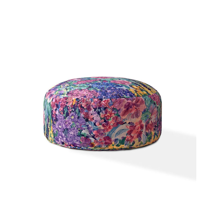 Cotton Round Floral Pouf Ottoman - Green