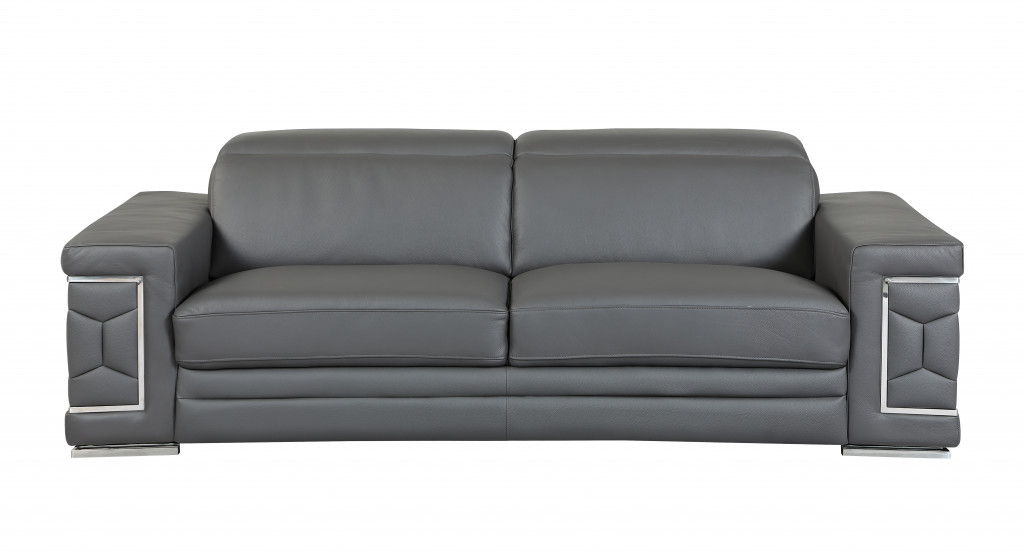 Sofa Italian Leather With Silver Legs - Gray