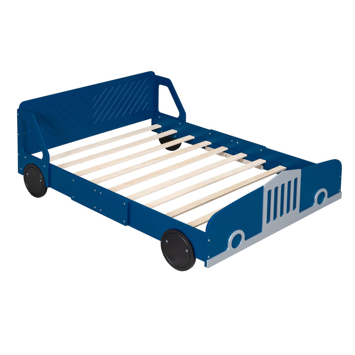 Full Size Car-Shaped Platform Bed With Wheels - Blue