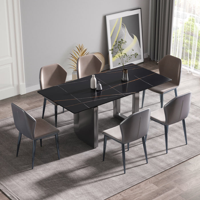 70.87" Modern Artificial Stone Black Straight Edge Black Metal Leg Dining Table, Can Accommodate 6-8 People - Black