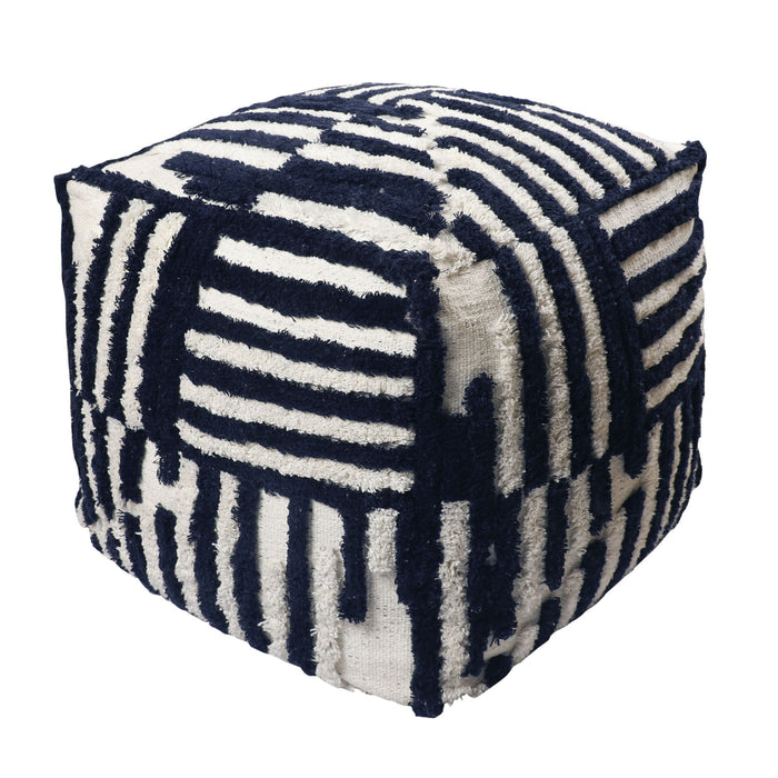 Cotton Cube, Striped Pouf Ottoman - Blue