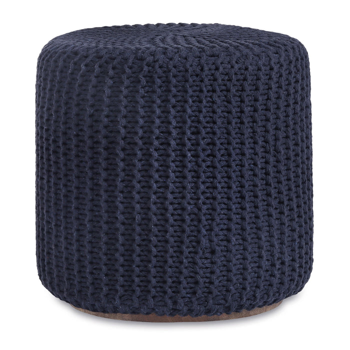 Cotton Blend Round Pouf Ottoman - Navy Blue