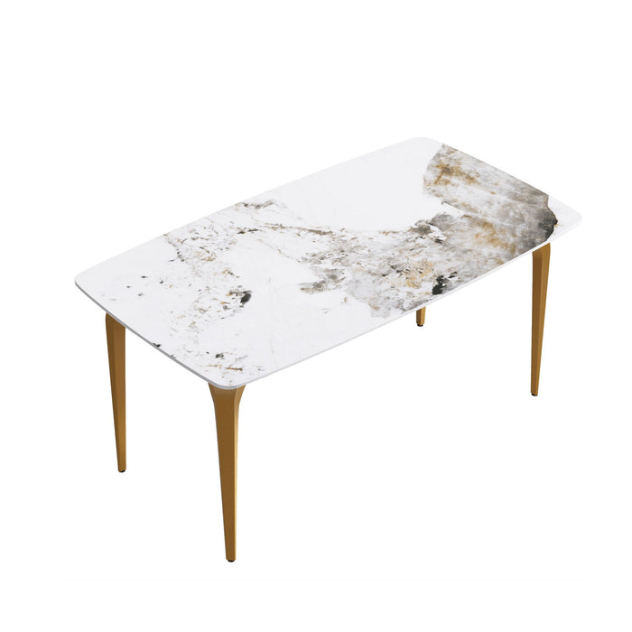 63" Modern Artificial Stone Pandora White Curved Golden Metal Leg Dining Table - Antique White / Gold