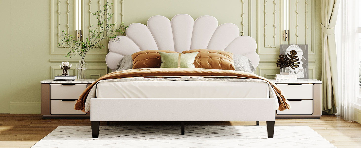 Queen Size Upholstered Platform Bed With Flower Pattern Velvet Headboard - Beige