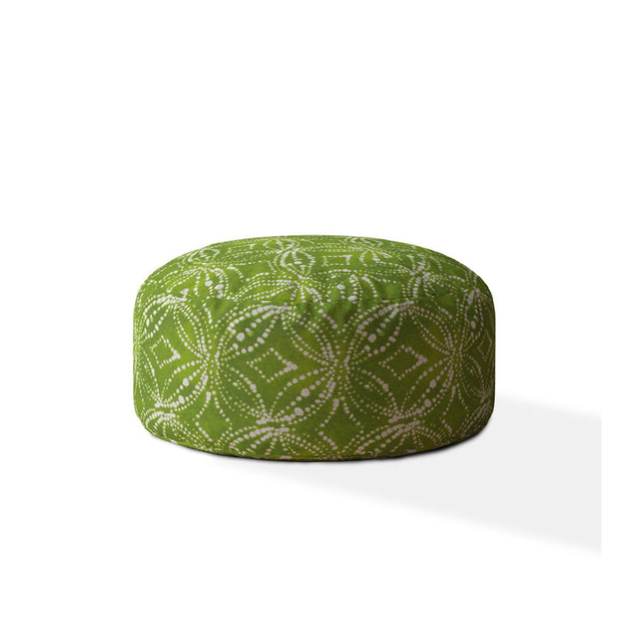 Cotton Round Damask Pouf Ottoman - Green / White