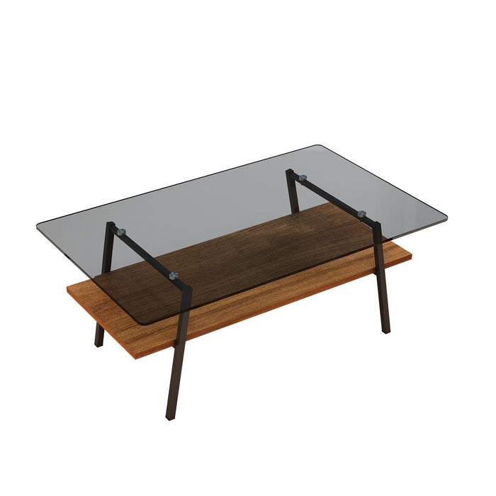 Rectangle Coffee Table, Tempered Glass Tabletop With Metal Legs, Modern Table For Living Room - Black Glass