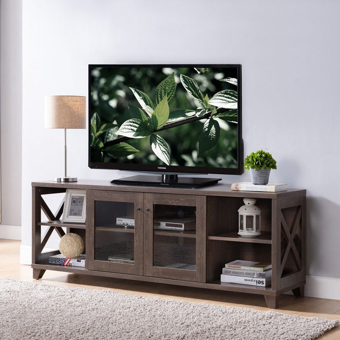 Particle Board And Glass Cabinet Enclosed Storage TV Stand - Brown