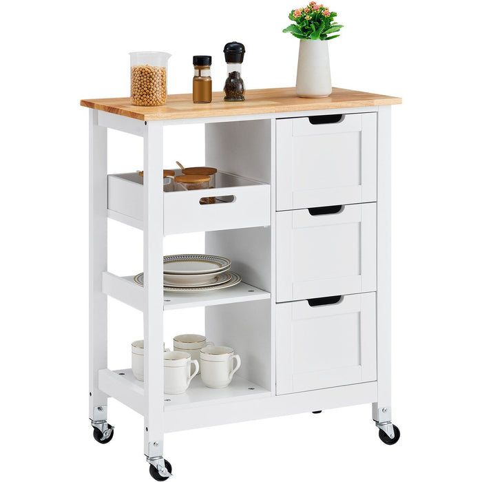 Rolling Portable Small Kitchen Island Cart On Wheels With Solid Wood Top, Dining Room Serving Utility Carts Mobile Movable With 3 Drawers And Storage Shelves Cabinet - White