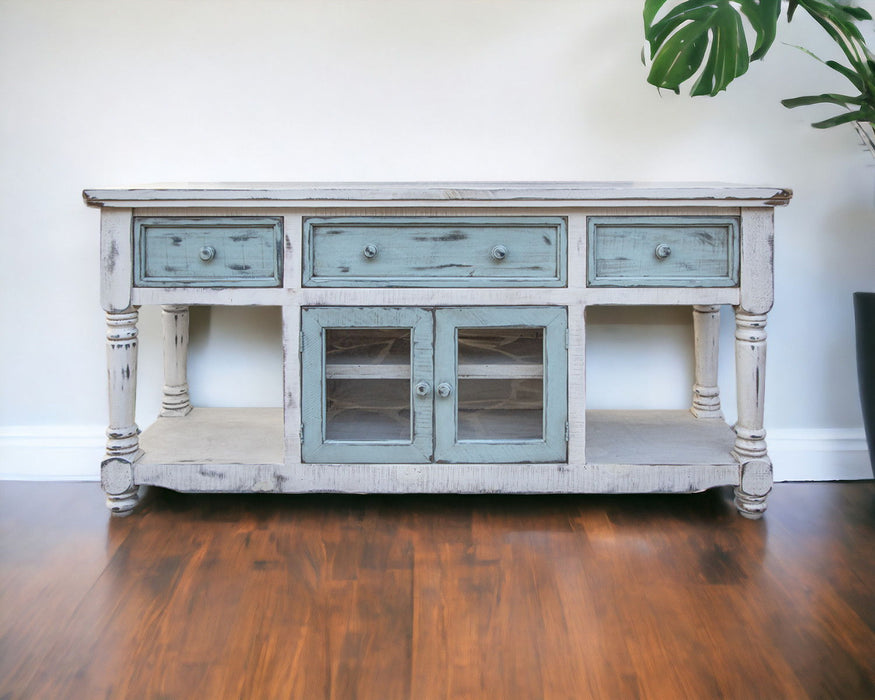 Open Shelving Distressed TV Stand - Blue / White