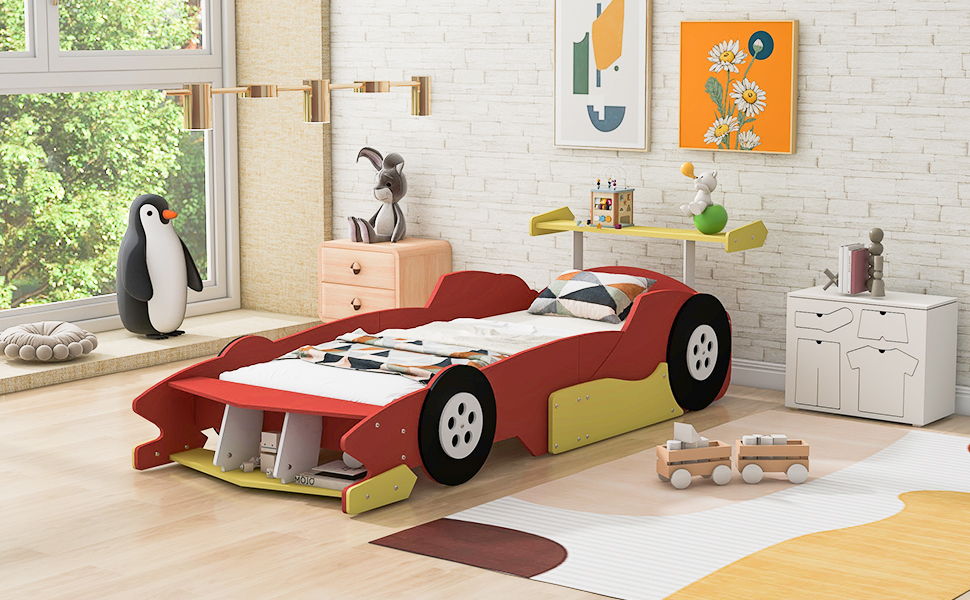 Twin Size Race Car-Shaped Platform Bed With Wheels