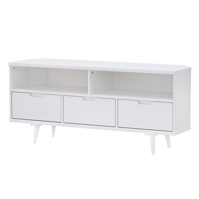 Mid-Century Modern Minimalist 3 Drawer Corner TV Stand For TVs Up To 58 - White