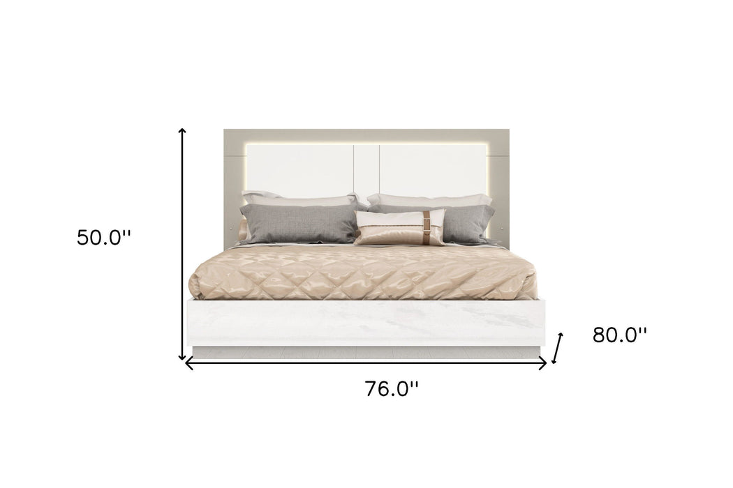 King High Gloss Bed Frame with LED Headboard - White / Taupe