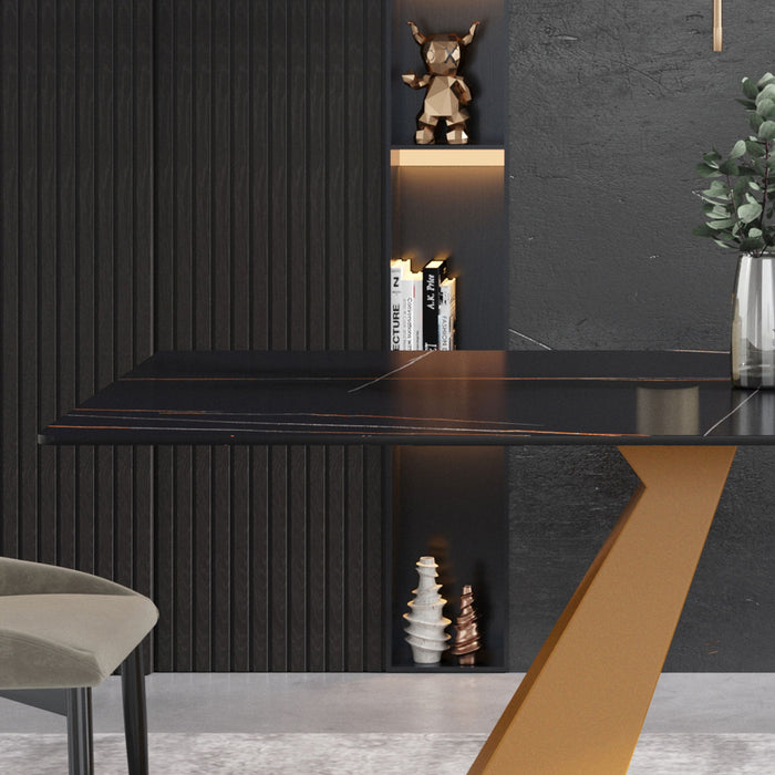 70.87" Modern Artificial Stone Straight Edge Golden Metal Leg Dining Table, Can Accommodate 6-8 People - Black / Gold