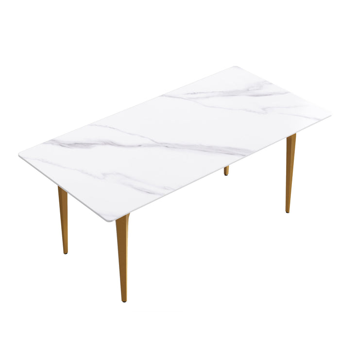 70.87" Modern Artificial Stone White Straight Edge Metal Leg Dining Table, Can Accommodate 6-8 People - White / Gold