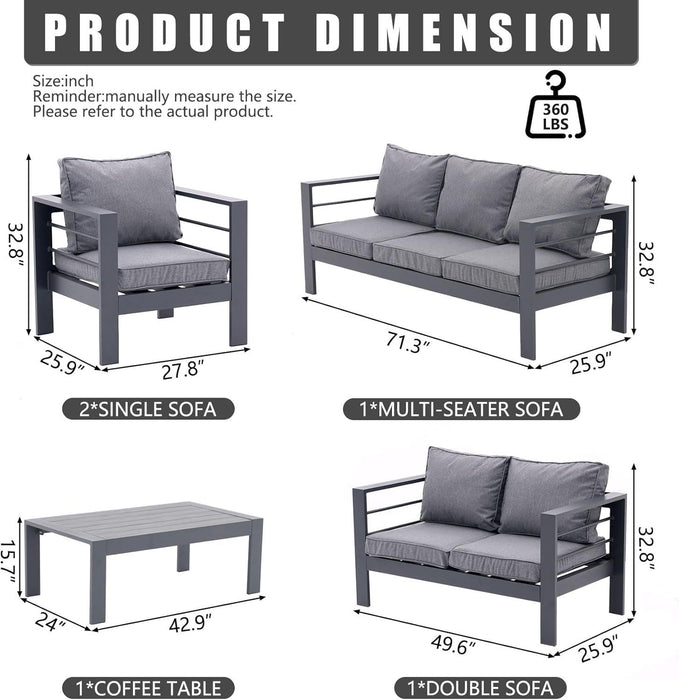 5 Piece Aluminum Outdoor Patio Conversation Set, All Weather Sectional Sofa Outside Furniture With Removable Cushions And Tempered Glass Coffee Table - Gray