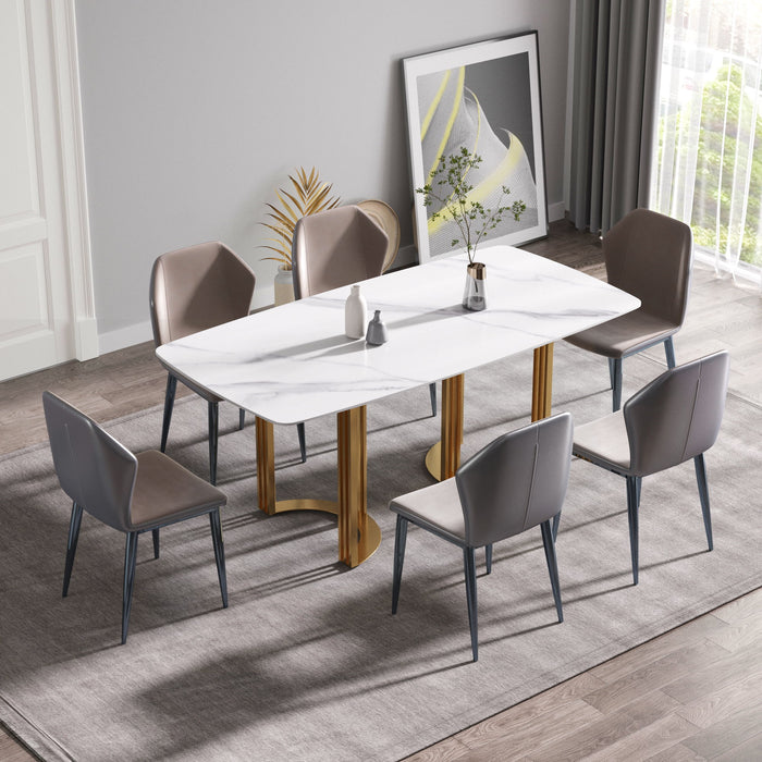 70.87" Modern Artificial Stone White Curved Golden Metal Leg Dining Table, Can Accommodate 6-8 People - White / Gold