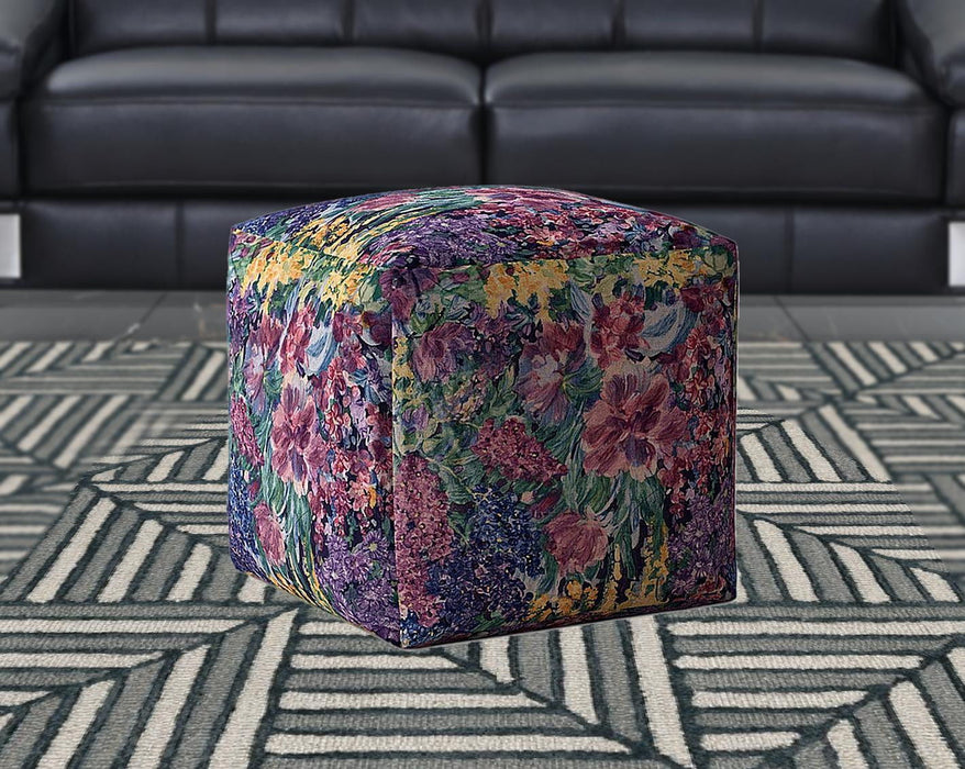 Cotton Floral Pouf Cover - Blue / Green