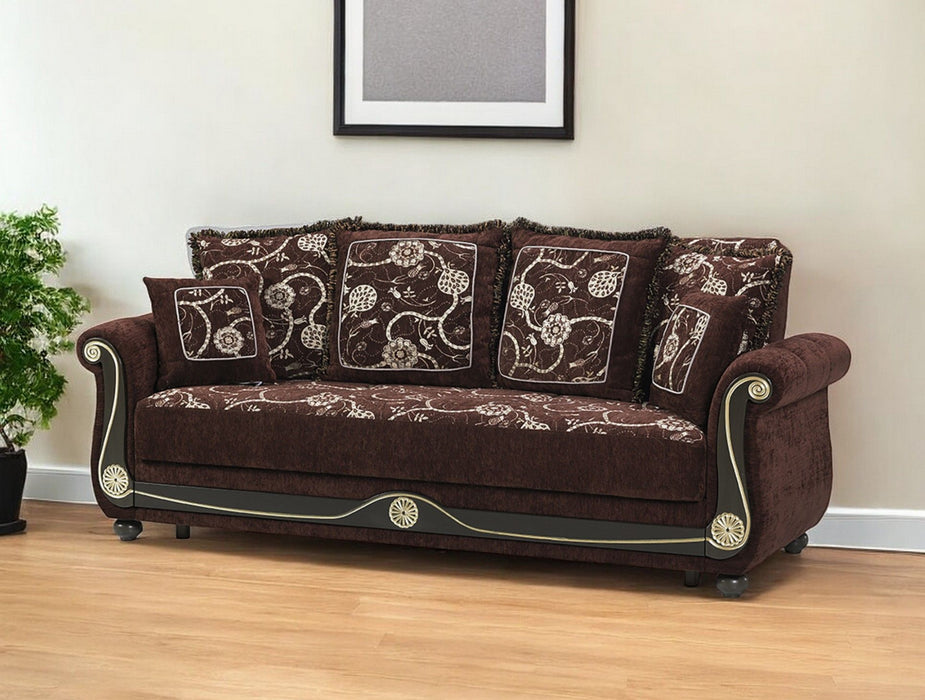 Chenille Paisley Sleeper Sofa And Toss Pillows - Brown