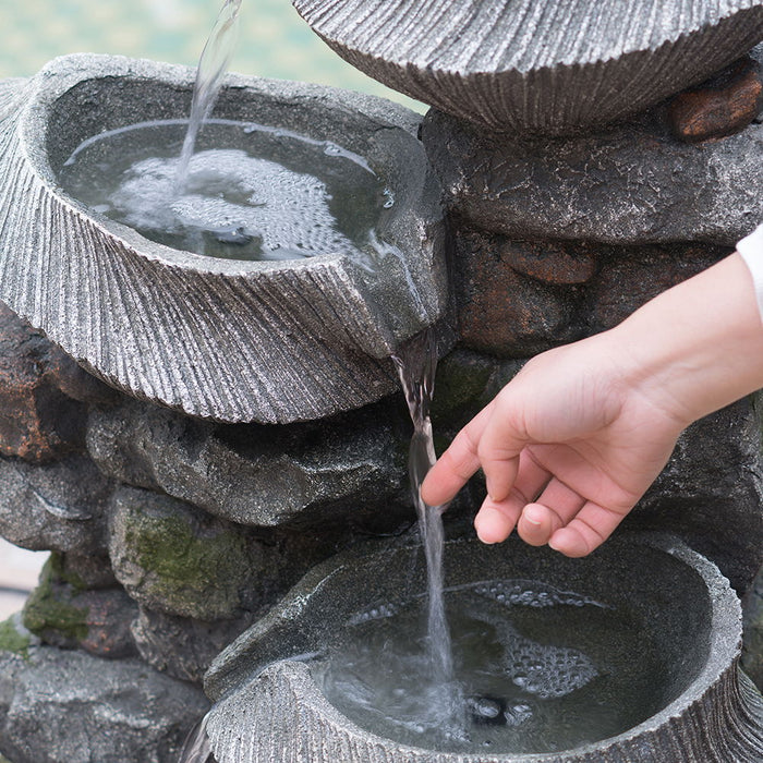 Indoor Outdoor Stone Water Fountain, 4 Tier Polyresin Cascading Rock Bowl Freestanding Fountain With LED Ligh - Gray