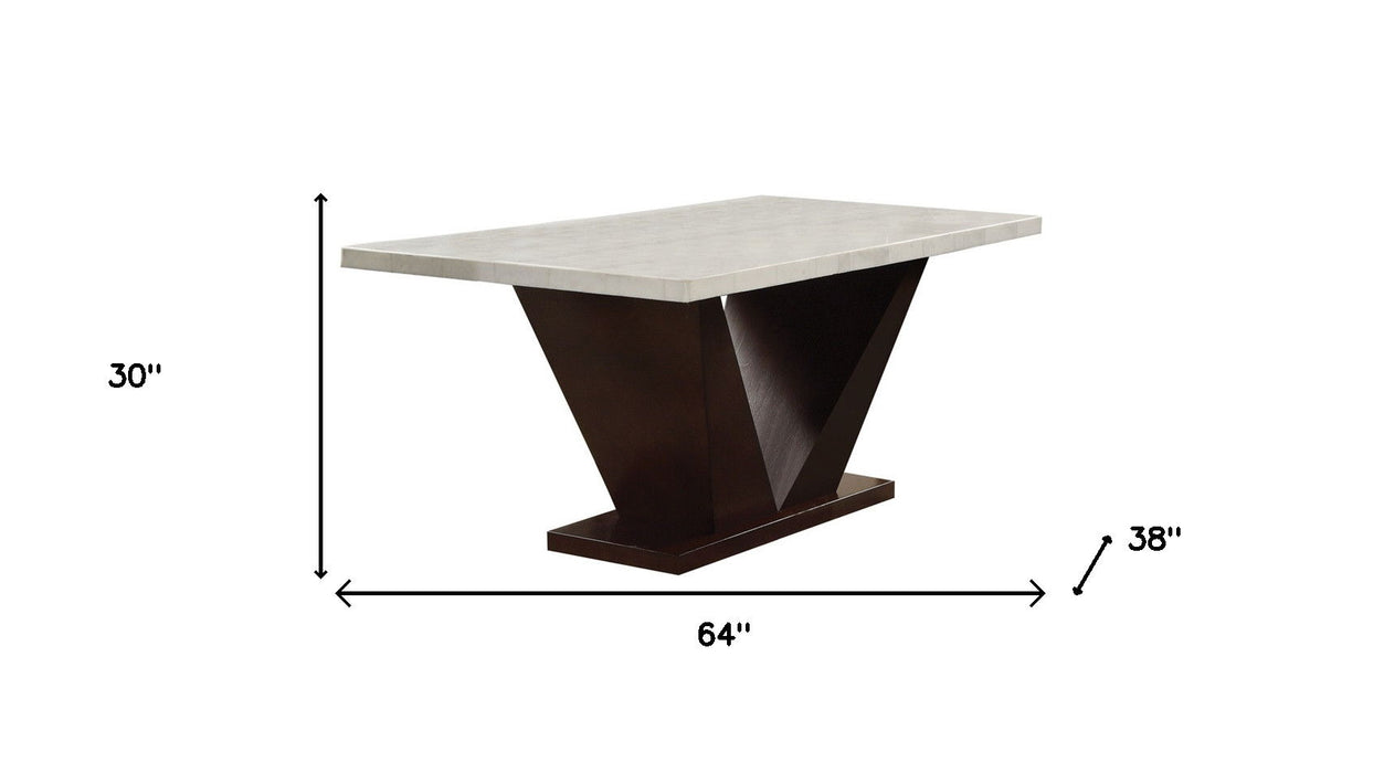 Marble Pedestal Base Dining Table - White / Brown