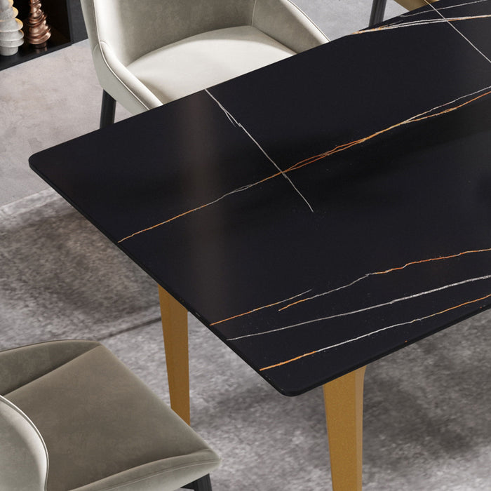 70.87" Modern Artificial Stone Straight Edge Golden Metal Leg Dining Table, Can Accommodate 6-8 People - Black