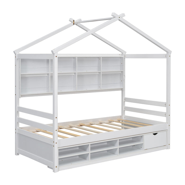 Twin House Bed With Roof Frame, Bedside-Shelves, Under Bed Storage Unit - White