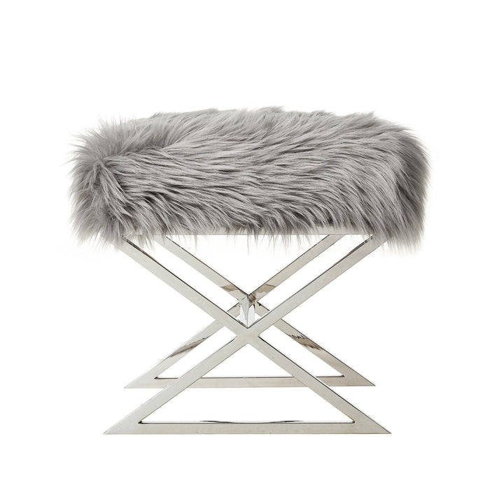 Faux Fur Ottoman - Gray / Silver