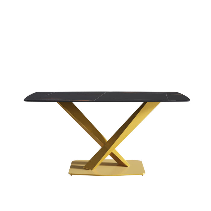 63" Modern Artificial Stone Black Curved Metal Leg Dining Table - Black / Gold