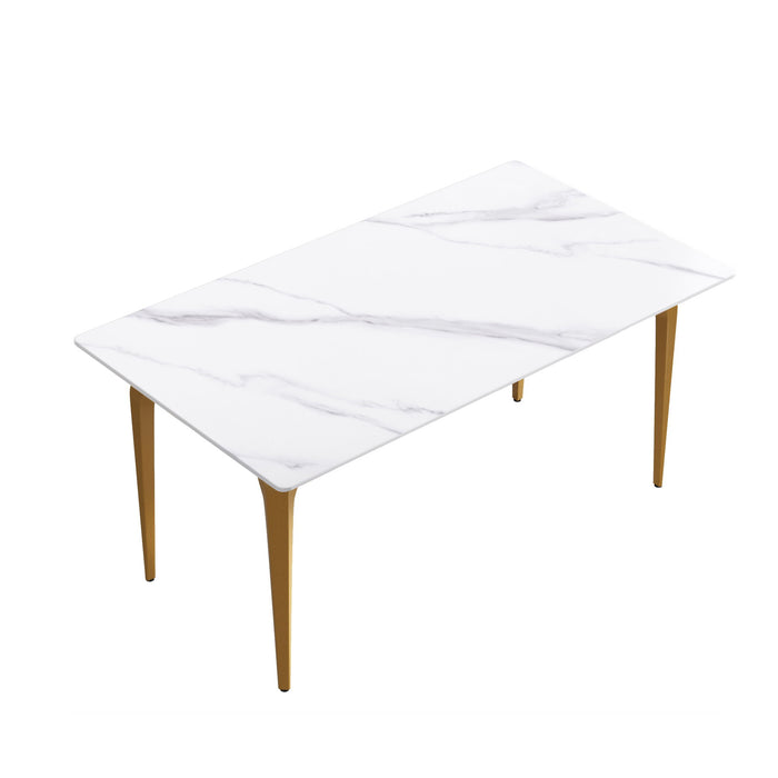 63" Modern Artificial Stone White Straight Edge Golden Metal Leg Dining Table, 6 People - White / Gold