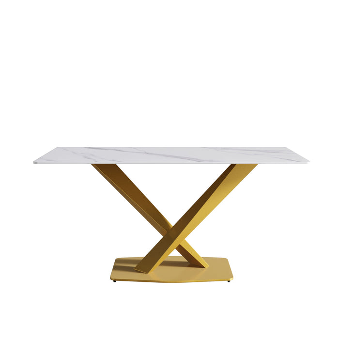 63" Modern Artificial Stone Straight Edge Golden Metal X-Leg Dining Table, 6 People