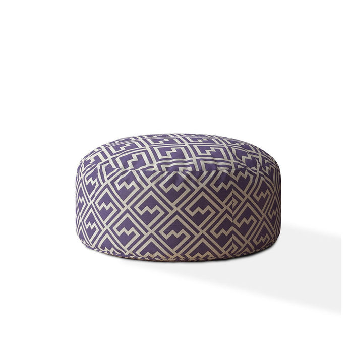 Cotton Round Damask Pouf Ottoman - Purple / White